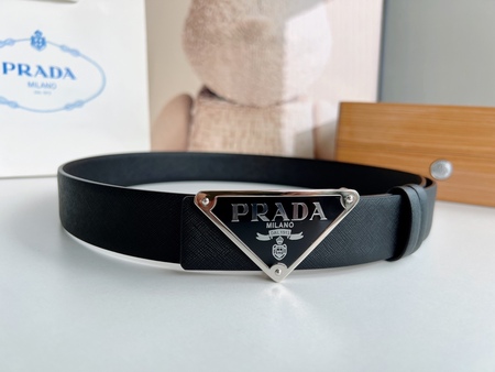 Prada 普拉达男士logo金属扣牛皮腰带